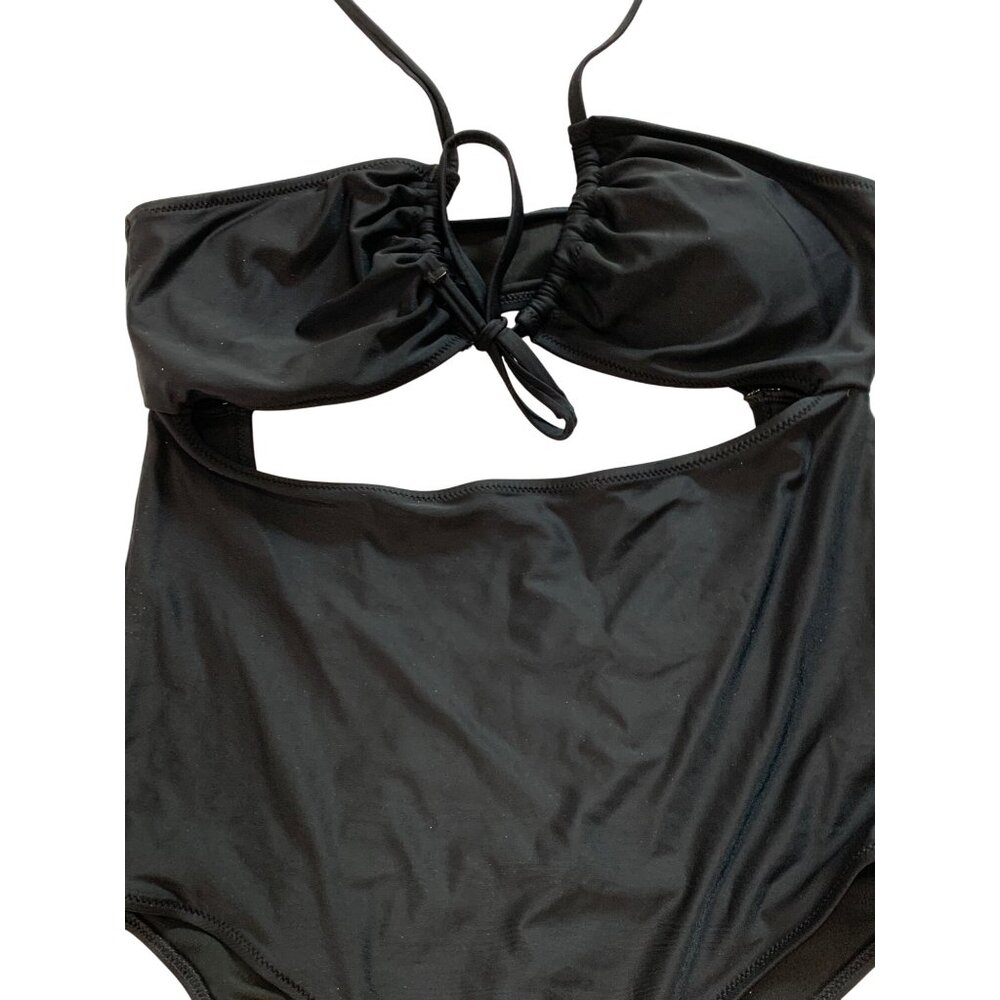 Aerie Black Bandeau One-Piece Swimsuit M/L RY10392 Cutout Halter Island Cruise - Picture 2 of 7